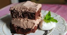 a piece of chocolate cake on a plate with whipped cream and mint sprig