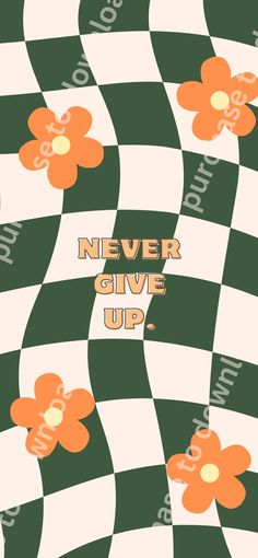 a green and white checkered background with orange flowers on the bottom right hand corner