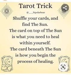 the tarot trick is written in black and white, with an image of sun above it