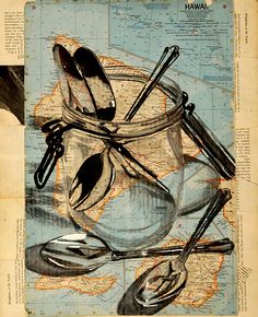 an old map with spoons and utensils in it