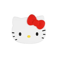 a white hello kitty brooch with a red bow on it's head and black eyes