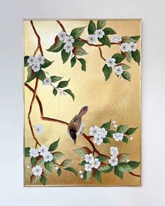 a painting with white flowers on it and a bird sitting on a branch in the middle