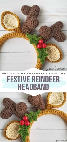 crocheted reindeer headband with holly berries and pine cones on it for the ears