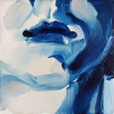 an abstract painting of a dog's face in blue and white