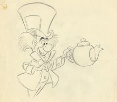 a drawing of a man holding a teapot with a top hat on his head