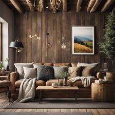 a living room with wood paneling and couches, coffee table in the foreground