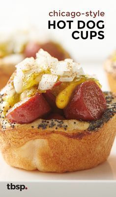 chicago - style hot dog cups with toppings on top are shown in this advertisement