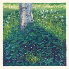 a painting of a tree in the middle of a grassy area with flowers and grass around it