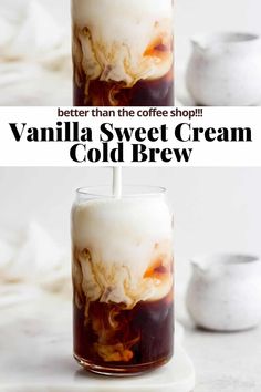 Vanilla Sweet Cream Cold Brew - a delicious summer iced coffee drink made with delicious sweet cream! Dairy-free friendly! #vanillasweetcreamcoldbrew #sweetcreamcoldbrew #vanillasweetcreamcoldbrewrecipe #vanillasweetcreamcoldbrewhealthy Vanilla Sweet Cream Recipe, Starbucks Sweet Cream, Summer Iced Coffee, Vanilla Sweet Cream Cold Brew, Sweet Coffee Drinks, Sweet Cream Cold Brew, Summer Coffee Drinks, Vanilla Sweet Cream, Wooden Skillet