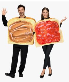 man and woman holding peanut butter and jelly sandwiches