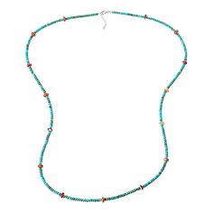 KALIFANO Turquoise-Color Howlite and Spiny Oyster Shell 38" Necklace  Expand your accessorizing options with this extra-long gemstone bead necklace. The colorful necklace features turquoise-color howlite beads with orange spiny oyster shell accents. You can wear it long and knotted or wrapped around your neck for a lovely, layered look!       Approx. 38"L x 1/8"W with 1" extender     Stamped .925     Lobster claw clasp     Necklace comprised of rondelle-shaped, turquoise-color howlite beads with orange spiny oyster bead accents   Stone Information       All sizes and weights approximate     Color-Enhanced Turquoise-Color Howlite - Rondelle (4.1mm)     Orange Spiny Oyster Shell - Rondelle (8mm) Turquoise Gemstone Long Beaded Necklace, Turquoise Long Necklace With Gemstone Beads, Turquoise Long Necklace With Round Natural Stones, Long Turquoise Necklace With Natural Stones, Turquoise Long Necklace With Colorful Beads, Long Turquoise Necklace With Colorful Beads, Colorful Necklace, Gemstone Beaded Necklace, Clasp Necklace