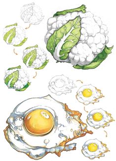 an egg, cauliflower and broccoli are shown in this drawing technique