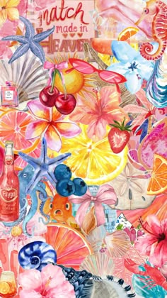 a painting of fruit, flowers and other items on a pink background with the words match made in heaven