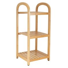 a wooden shelf with two shelves on one side and an oval handle on the other