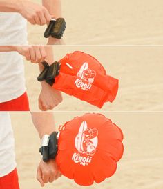 two pictures of a person holding a frisbee on the beach