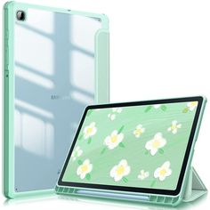 the back and side view of an ipad case with flowers painted on it, sitting next to each other