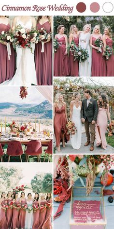 the wedding party is all dressed in red and pink