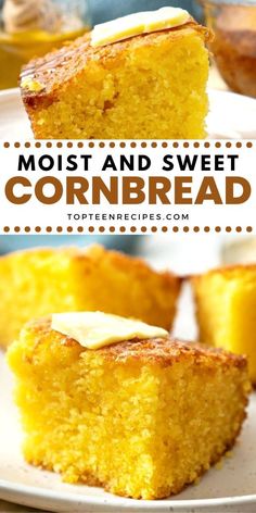 two pieces of cornbread on a white plate with the words, moist and sweet cornbread