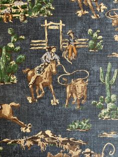 Introducing our Denim Cowboys Print Fabric – a lively, eye-catching design boasting a range of cowboy and cowgirl motifs including majestic horses and sturdy cattle. This western fabric is perfect for your rodeo and western themed projects. Available in denim, brick and natural. Printed on a natural blended linen ground. Any slight color variations are characteristic of the natural yarns and are not to be considered imperfections. Denim Cowboys Western Print Fabric: Content: 75% Cotton, 25% Linen. Vertical repeat: 25.25". Horizontal repeat: 54". Railroaded: No. Abrasion: 27,000 double rubs. Testing: ASTM D-4157 WYZ 27,000 double rubs heavy duty. Flammability: CAL Tech. Bulletin 117-2013 Made in Pakistan. Cleaning code: S Clean this product with pure solvents (petroleum distillate-based pro Western Fabric Prints, Cowboys Western, Western Fabric, Western Patterns, Western Pattern, Majestic Horses, Rodeo Cowgirl, Cowboy Rodeo, Majestic Horse