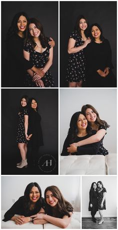 two women hugging each other while posing for pictures