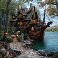 a house with a boat on the water next to it and stairs leading up to it