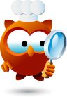 an owl with a chef hat holding a magnifying glass