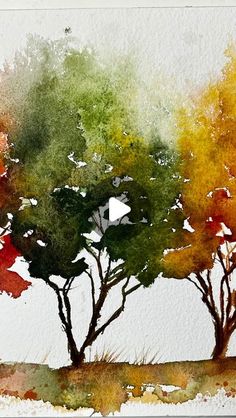 watercolor painting of three trees in the fall