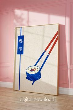 a painting with chopsticks on it in front of a pink wall