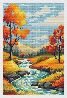 a cross stitch pattern with autumn trees and stream in the foreground, on a blue sky background