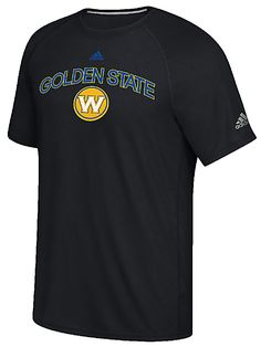 the golden state warriors adidas t - shirt is shown in black with blue and yellow letters