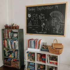 a chalkboard and bookshelf in a child's playroom with toys