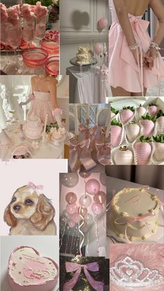 a collage of pink and white pictures with cake, cupcakes, heart - shaped balloons