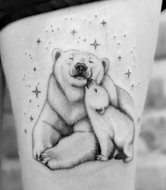 a black and white photo of a polar bear hugging its cub on the thigh with stars in the background