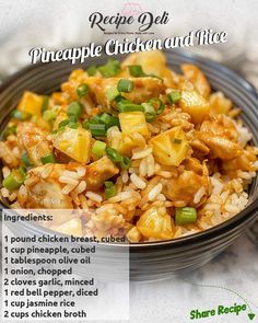 the recipe for pineapple chicken and rice is shown in a bowl with green onions