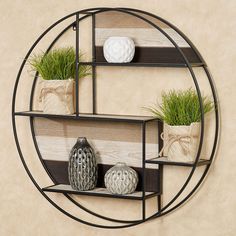 three shelves with plants and vases on them in a circle shaped wall hanging decoration