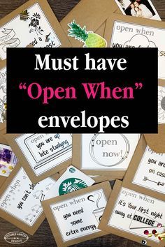 many open envelopes with pictures on them and the words must have open when envelopes