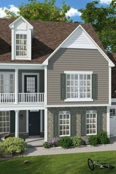 this is an artist's rendering of the front elevation of these two - story house plans