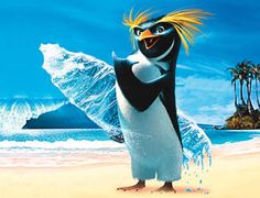 a cartoon penguin standing on top of a sandy beach