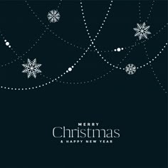 merry christmas and happy new year greeting card with snowflakes on black background illustration