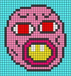 an image of a pixellated face with red eyes and pink cheeks on blue background