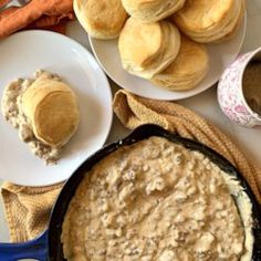 an assortment of pastries and desserts on plates next to a bowl of peanut butter