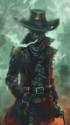 Skeleton Cowboy Art, Dnd Cowboy, Gunslinger Tattoo, Undead Cowboy, Zombie Cowboy, Green And Red Background, Dark Cowboy, Western Gunslinger Art