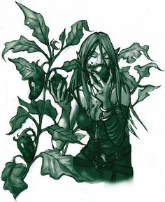 a drawing of a woman sitting in front of a plant with her hands on her face