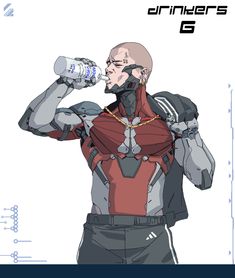 the character is drinking from a water bottle and holding his hands up to his face