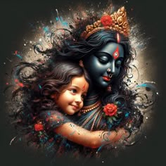 two children hugging each other in front of a black background with red and blue paint splatters