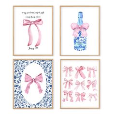 four pink and blue cards with bows on the front, two are watercolors