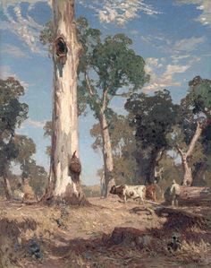 an oil painting of cows in a wooded area