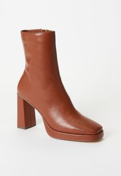 Verity Ankle Boot Trendy Brown Square Toe Heeled Boots, Brown Square Toe Boots With Padded Ankle, Brown Faux Leather Mid-calf Boots With Square Toe, Brown Ankle-high Synthetic Boots, Brown Ankle-high Faux Leather Booties, Fashion Shoes Boots, Square Toe Boots, Bootie Boots, Ankle Boot