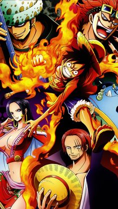 one piece characters surrounded by fire and flames