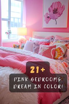 a bedroom with pink walls and white bedding